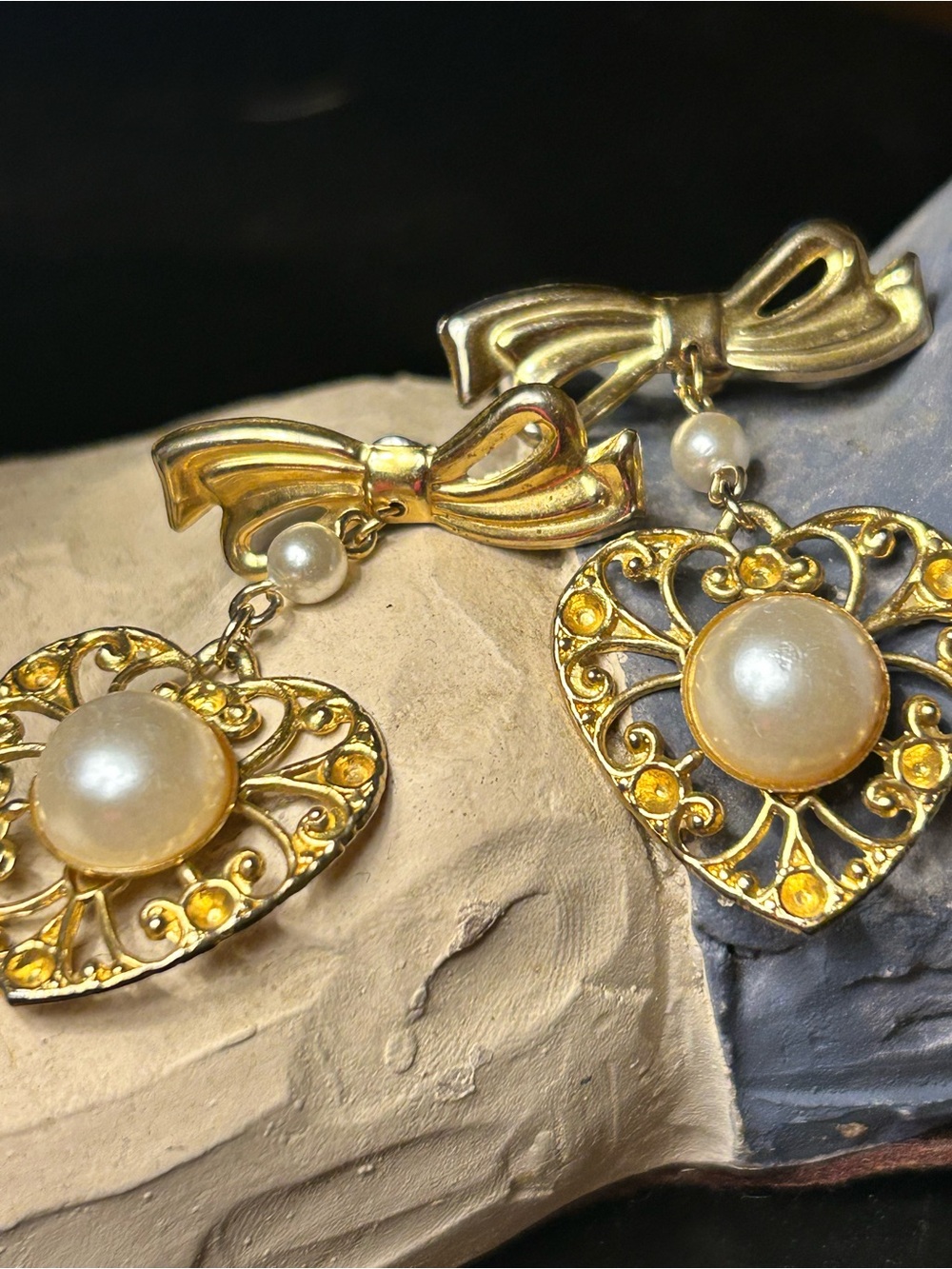 Gold Bow & Heart Pearl Drop Earrings - Elegant Women Jewelry pierced